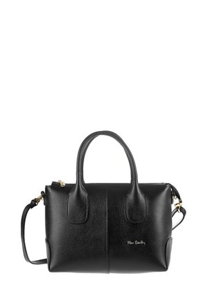 Borsa a tracolla in pelle nera con hardware dorato, design strutturato, maniglie doppie e tracolla removibile. Finitura testurizzata con logo del brand.