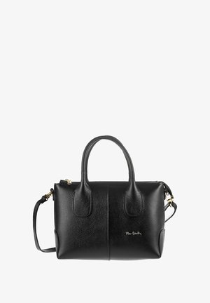 Borsa a tracolla in pelle nera con hardware dorato, design strutturato, maniglie doppie e tracolla removibile. Finitura testurizzata con logo del brand.