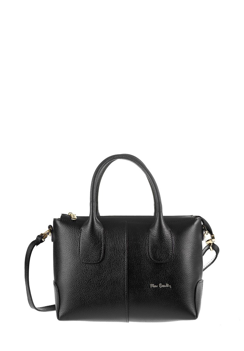 Borsa a tracolla in pelle nera con hardware dorato, design strutturato, maniglie doppie e tracolla removibile. Finitura testurizzata con logo del brand.
