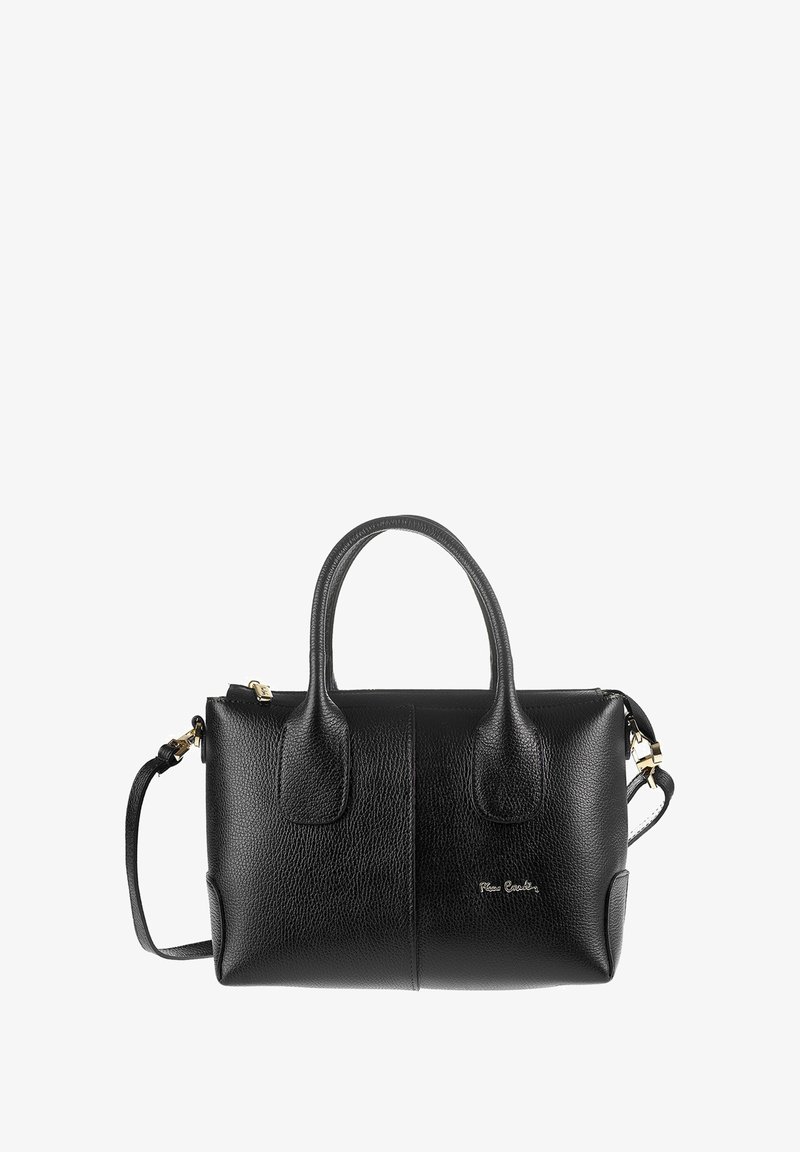 Zwarte leren handtas met gouden hardware, gestructureerd ontwerp, dubbele handvatten en een afneembare schouderriem. Getextureerde afwerking met merkenlogo.