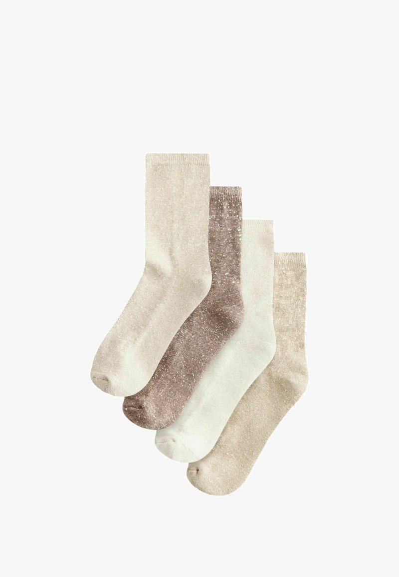 Ensemble de quatre paires de chaussettes de couleurs assorties : beige clair, menthe douce, taupe et crème. Chacune présente un léger éclat et des poignets côtelés.