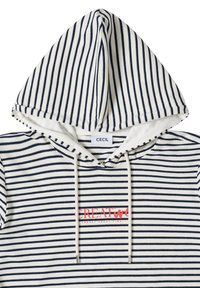 Hoodie with white and navy horizontal stripes, white drawstrings, and red text "CREAT" visible on the chest, labeled "CECIL" inside neckline.