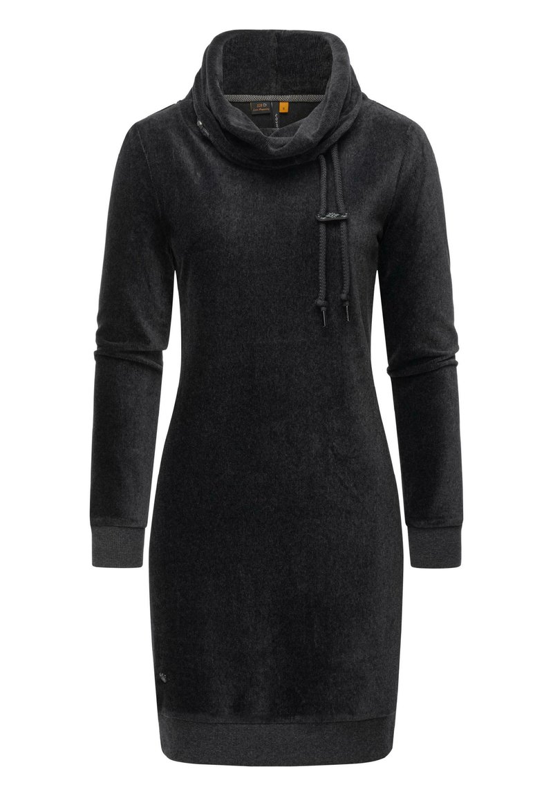 Robe noire à manches longues et col montant en tissu doux. Elle dispose d'un cordon de serrage et de poignets côtelés. Design simple et ajusté avec une longueur midi.