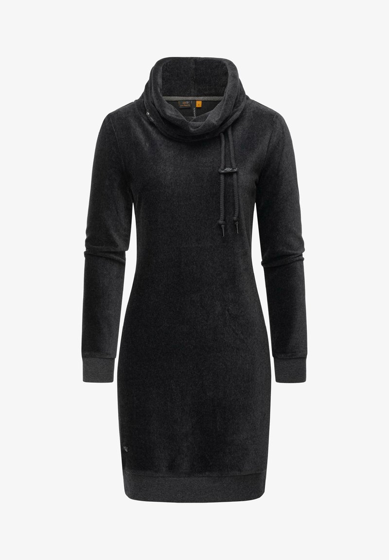 Rochie neagră, cu mâneci lungi și guler conic, dintr-un material moale. Dispune de un șnur și manșete striate. Design simplu, ajustat, cu tiv până la genunchi.