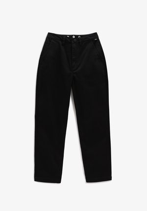 Pantalon noir à coupe droite, en coton. Il dispose de deux poches latérales, d'une fermeture à bouton et d'une taille avec passants de ceinture. Texture lisse.