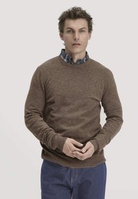 Brauner Strickpullover mit langen Ärmeln und Rundhalsausschnitt, über einem blauen Karoshirt getragen. Weiche Textur und lockere Passform.