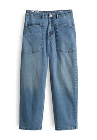 Jeans in denim azzurro chiaro con vita alta, design a gamba dritta e due grandi tasche frontali. Presentano una chiusura con bottone e cuciture a vista.