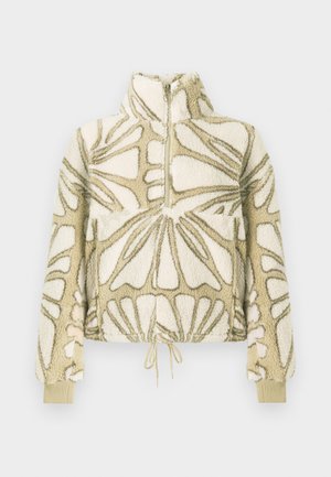 Pulover din fleece cu guler înalt, model abstract în nuanțe de crem deschis și bej, fermoar frontal, buzunar frontal și șnur ajustabil la margine.