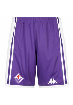 Pantaloncini sportivi viola con strisce laterali bianche, vita elastica, logo del club di calcio Fiorentina sulla gamba sinistra e logo della marca Kappa sulla gamba destra.