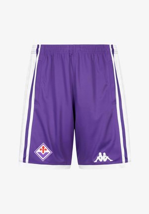Pantaloncini sportivi viola con strisce laterali bianche, vita elastica, logo del club di calcio Fiorentina sulla gamba sinistra e logo della marca Kappa sulla gamba destra.