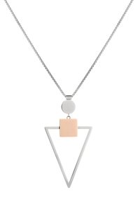 Zilveren ketting met een grote driehoekige hanger en een cirkelvormig en vierkant accent in blush roze. Gladde, geometrische ontwerp.