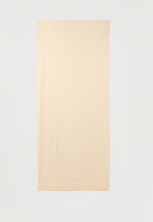 Bufanda rectangular beige con un sutil patrón geométrico, extendida sobre un fondo blanco.