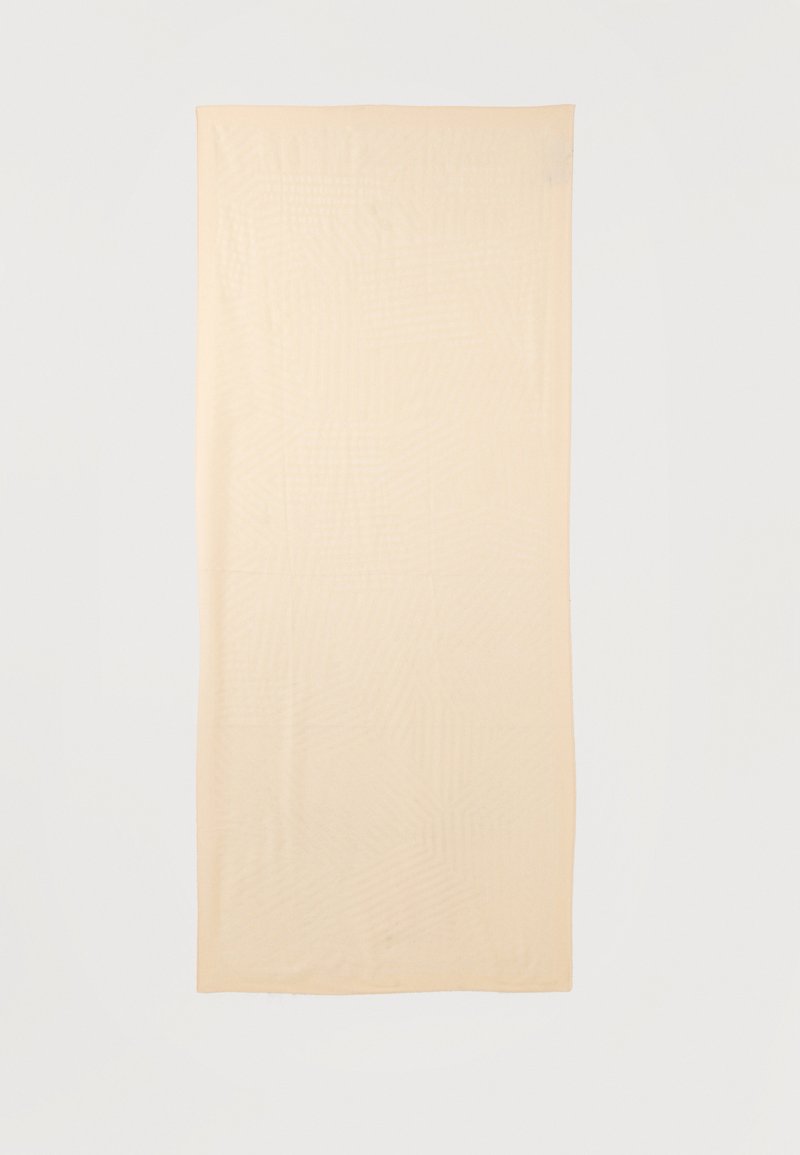 Écharpe rectangulaire beige avec un motif géométrique subtil, posée à plat sur un fond blanc.
