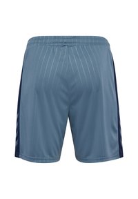 Herrsportshorts i ljusblått med ett horisontellt randigt mönster och marinblå detaljer på sidorna; elastisk midjeresår för komfort.