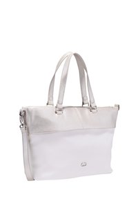 Sac à main blanc et argent métallique avec finition texturée, poignées doubles, bandoulière amovible et logo subtil à l'avant.