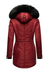Red insulated parka with a detachable black fur hood. Features a belted waist, zippered side pockets, and elastic cuffs for a snug fit.