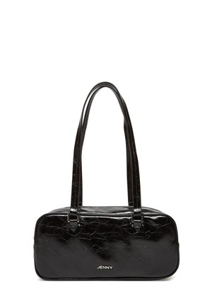Bolso rectangular negro con acabado texturizado brillante, doble asa larga y logo "JENNY" en el centro frontal.
