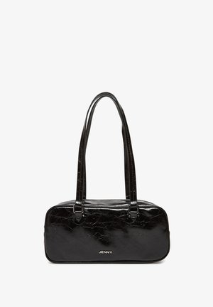 Bolso rectangular negro con acabado texturizado brillante, doble asa larga y logo "JENNY" en el centro frontal.