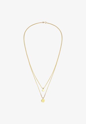 Złota warstwowa naszyjnik z dwoma łańcuchami: gładkim okrągłym wisiorkiem i teksturowanym okrągłym dyskiem, z cienkimi, delikatnymi ogniwami.