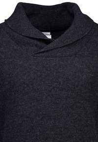 Dunkelgrauer Pullover mit umgeschlagenem Kragen, gerippter Struktur und weichem Wollmischgewebe. Enthält Pflegeetiketten innen.