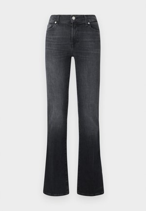 Jeans acampanados de color gris oscuro con un diseño clásico de cinco bolsillos, confeccionados en tela de mezclilla, con cierre de botón metálico y detalles de costura sutiles.