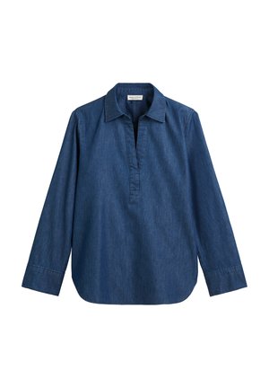Cămașă din denim, cu guler, mâneci lungi și decolteu adânc. Culoare: albastru închis, cu o textură netedă și margine dreaptă.
