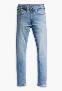 Ljust blå denimjeans med rak benpassform, femfickdesign, knappstängning och detaljer med kopparnitar.