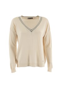 Maglione color crema con scollo a v, maniche lunghe, polsini a coste e un sottile accento grigio intorno al collo. Tessuto morbido e leggero.