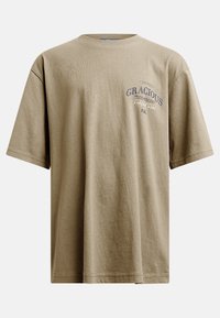 Khaki short-sleeve T-shirt made of soft cotton, featuring a crew neck and front text graphics in dark blue. Casual, relaxed fit.