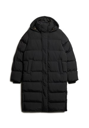 Czarna pikowana kurtka z kapturem, posiadająca dwa przednie kieszenie oraz zamek błyskawiczny z przodu. Gładka tekstura i lekki materiał.