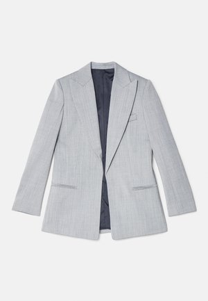 Světle šedý pruhovaný blazer s klopou, jednou náprsní kapsou a dvěma předními kapsami. Vnitřek podšitý tmavým materiálem.