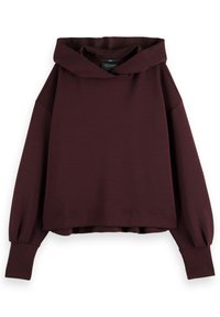 Ciemnobrązowy oversize'owy hoodie z opadającymi ramionami, długimi szerokimi rękawami i dużym kapturem z przodu.