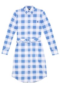 Pitkähihainen sinivalkoruudullinen paitamekko, jossa napitus edessä, kaulus, vyö vyötäröllä ja pieni kirjailtu logo rinnassa.