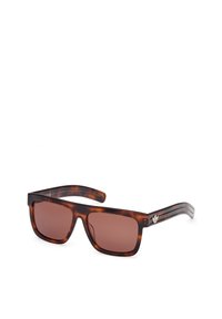 Ochelari de soare din material tartan, cu formă rectangulară, lentile maro și un design subtil cu trei dungi pe brate. Include un accent sub formă de logo din metal.