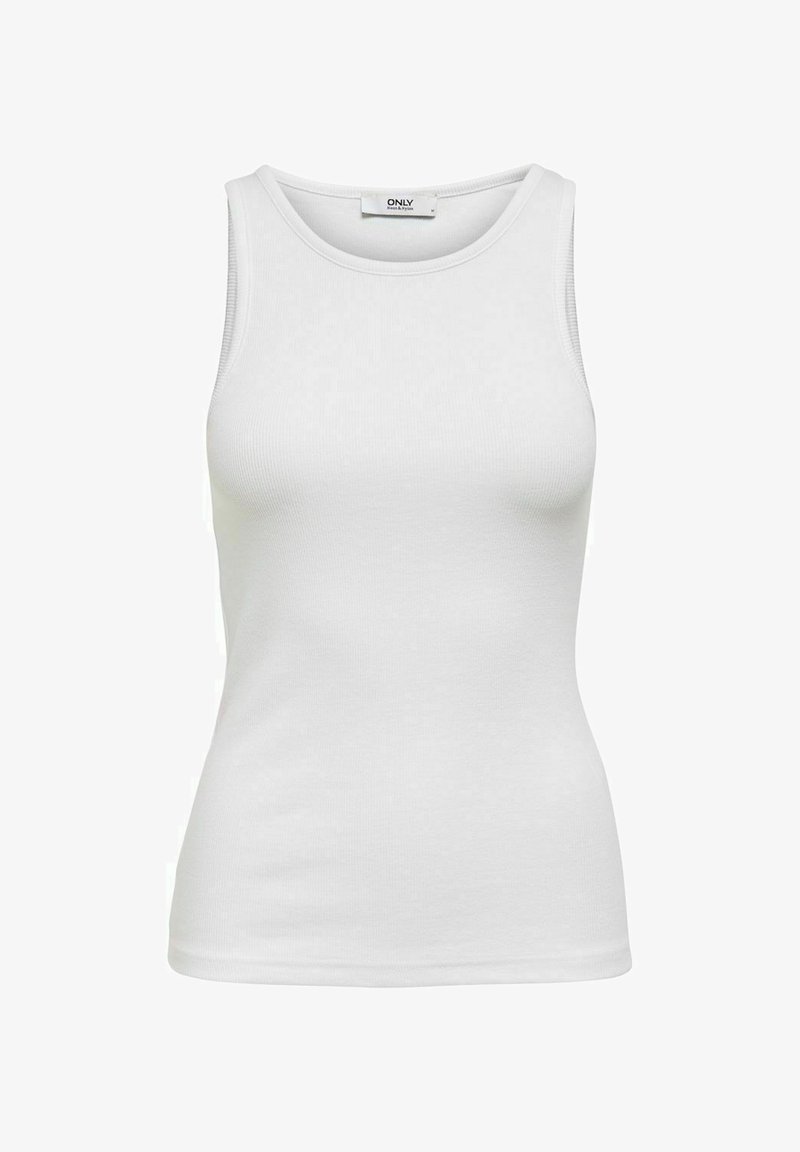 Weißes ärmelloses Tanktop aus gerippter Stoffqualität mit rundem Halsausschnitt. Glatte Textur, enganliegendes Design ohne sichtbare Muster oder Akzente.
