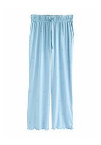 Pantalon de pyjama bleu clair en tissu doux et léger. Présente une taille élastique avec un cordon de serrage et de subtils motifs d'étoiles. Ourlets festonnés.
