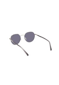 Gafas de sol redondas con lentes gris oscuro, montura de metal plateado y brazos negros translúcidos. Incluyen almohadillas para la nariz para mayor comodidad y un ajuste seguro.