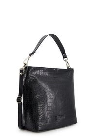 Black leather handbag with crocodile texture, silver hardware, short handle, and detachable long strap on white background.