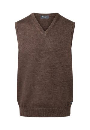 Brown knitted sleeveless sweater with a V-neck design. Ribbed hem and smooth texture; features a small brand label on the side.