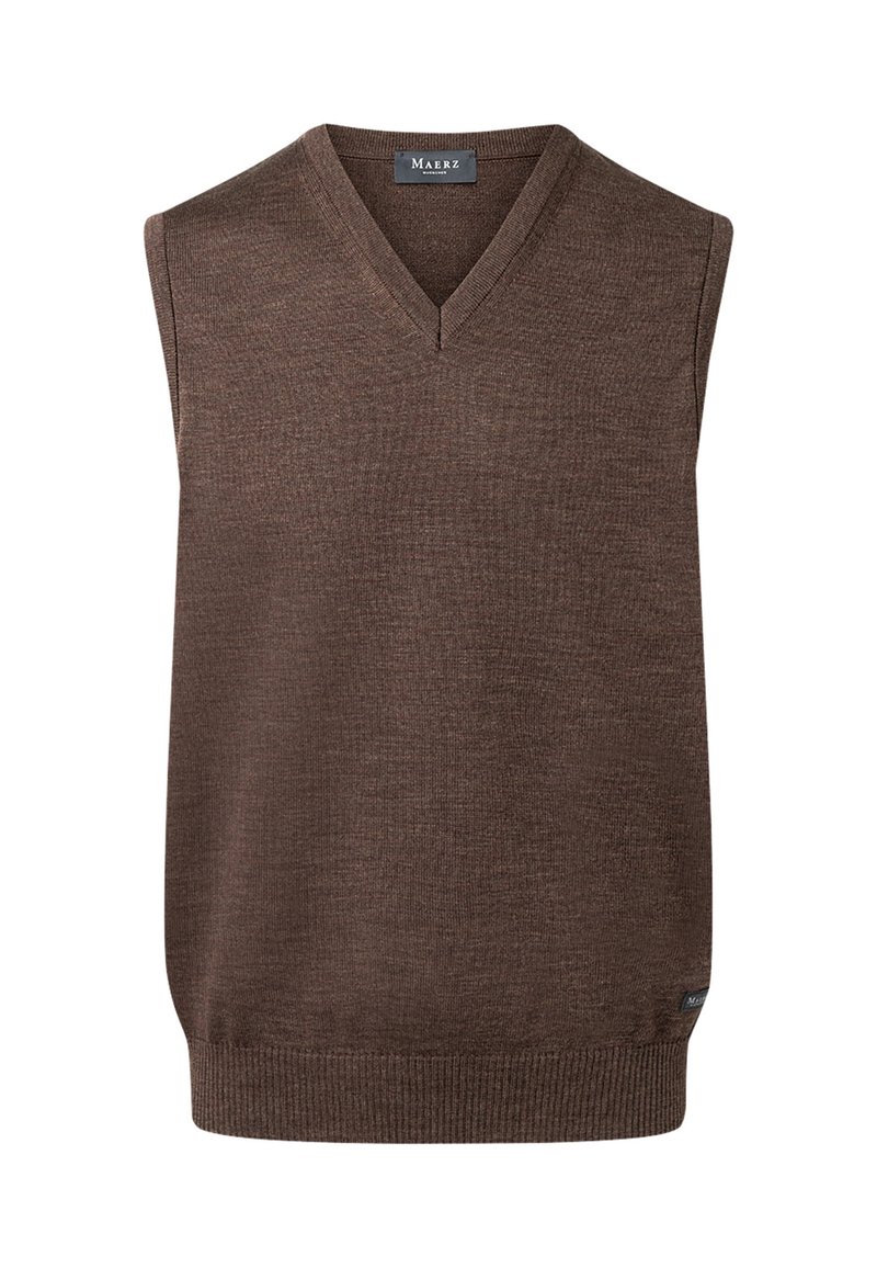Maglione senza maniche marrone a maglia con scollatura a V. Orlo a costine e superficie liscia; presenta un piccolo etichetta del marchio di lato.