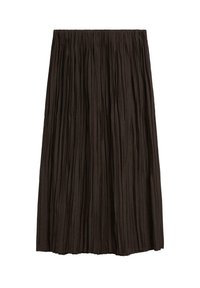 Gonna midi plissettata marrone scuro con cintura elastica, realizzata in tessuto leggero, mostrata piatta su uno sfondo bianco.