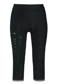 Schwarze Radshorts mit eng anliegender Passform, ausgestattet mit reflektierenden silbernen Streifen auf der linken Seite und einem gepolsterten Sitzbereich für zusätzlichen Komfort.