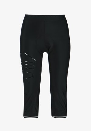 Sorte atletiske leggings med et glansfuldt sort stribedesign på ydersiden af låret og flade syninger for øget holdbarhed.