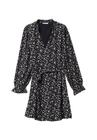 Robe noire à fleurs avec de longues manches bouffantes, décolleté en V, et taille ceinturée. Présente de petites fleurs blanches et une forme fluide en A.