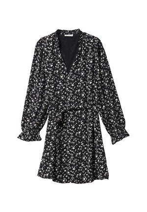 Black floral dress with long, puffed sleeves, V-neckline, and a belted waist. Features small white flowers and a flowing A-line shape.