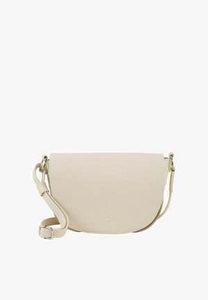 Borsa a tracolla beige con finitura testurizzata, chiusura a pattina curva e tracolla regolabile. Design elegante con hardware minimalista.