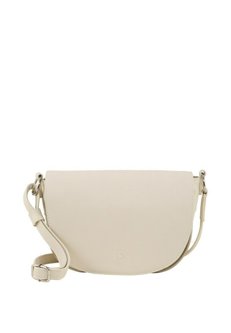 Beige Umhängetasche mit strukturiertem Finish, gebogenem Klappenverschluss und verstellbarem Tragegurt. Schlankes Design mit minimalistischem Beschlag.