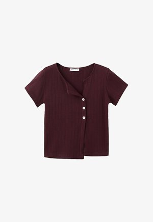 Top burgundy cu mânecă scurtă, cu dungi și decolteu rotund, prevăzut cu trei nasturi albi parțial închiși pe față.