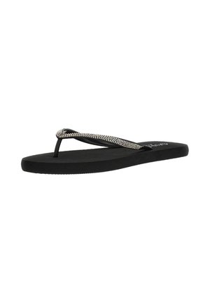 Zwarte flip-flops met een flexibele rubberen zool en een decoratieve band versierd met kleine rhinestones. Textuur voetbed voor grip.