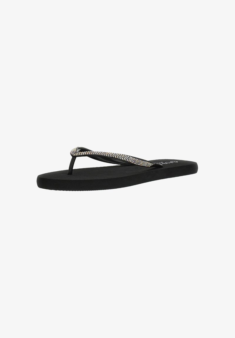 Flip-flop negru cu o talpă din cauciuc flexibilă și o curea decorativă împodobită cu mici cristale. Tălpică texturată pentru aderență.